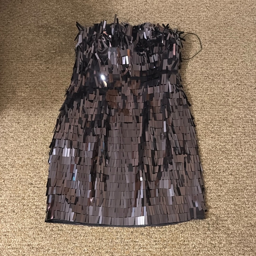 Express Gray Silver Sequin Strapless Bodycon Dress
